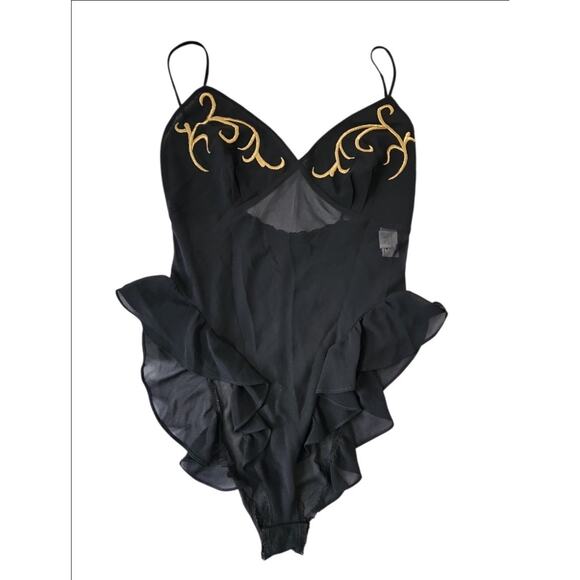 Natori Tops - Vtg Josie Natori Black Sheer Teddy Gold Embroidery Ruffle Lingerie Bodysuit S